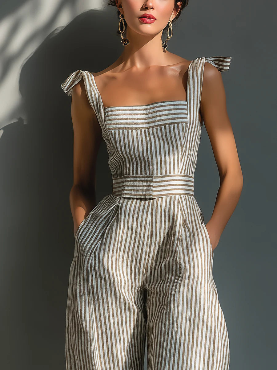 Modern Beige Stripe Linen-Blend Tie-Shoulder Wide-Leg Jumpsuit