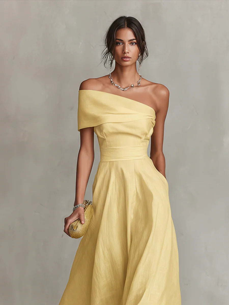 Yellow Linen One-Shoulder Maxi-Length Dress