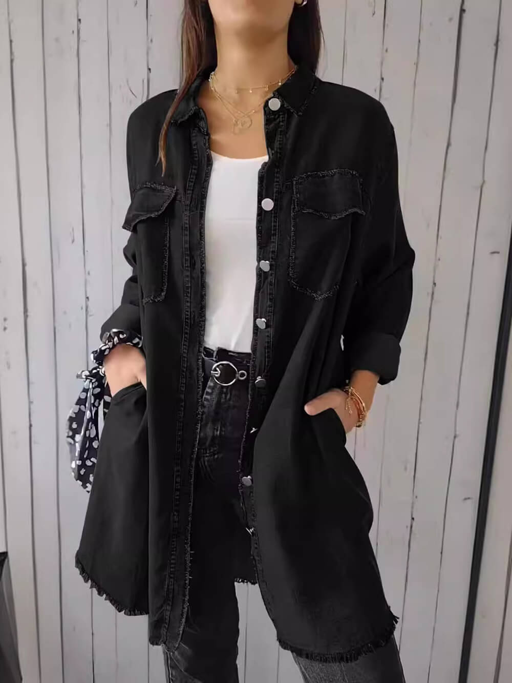 Denim Jacket in a Lightweight Design with Lapel Collar and Long Sleeves