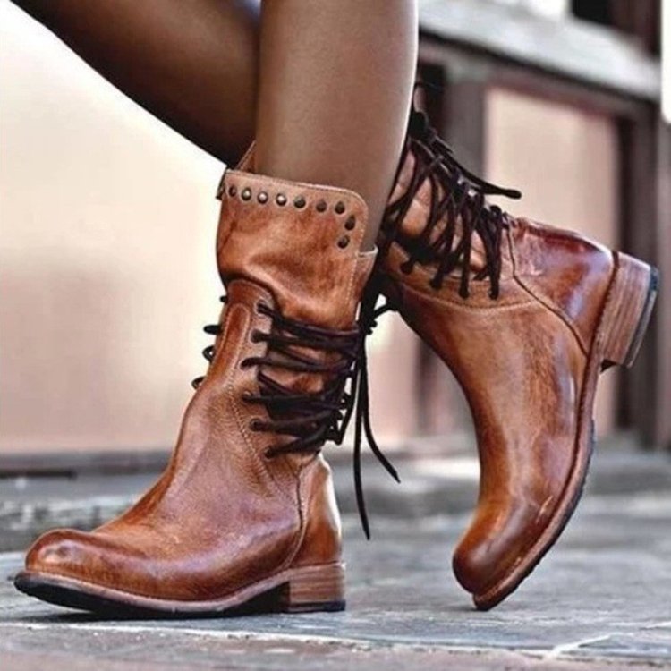Modern Retro British style rivet lace-up mid-calf boots