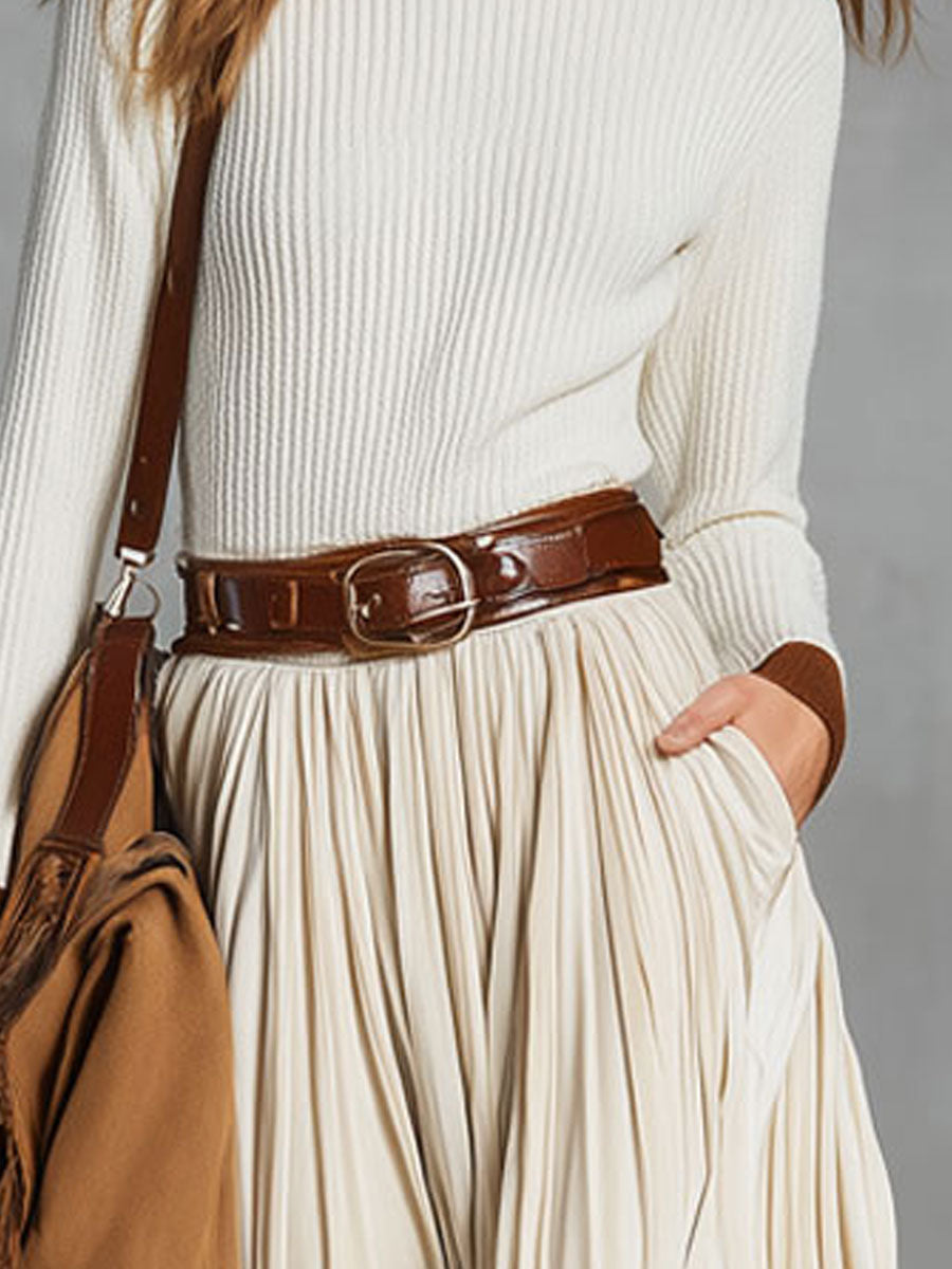 Modern Fashionable And Simple Beige Velvet Lace-up Pocket Skirt