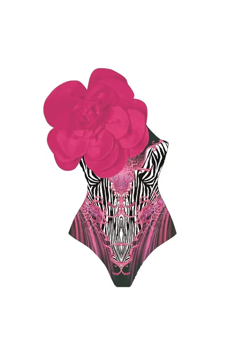 Magenta Flower Print 3D Flower Swimsuit