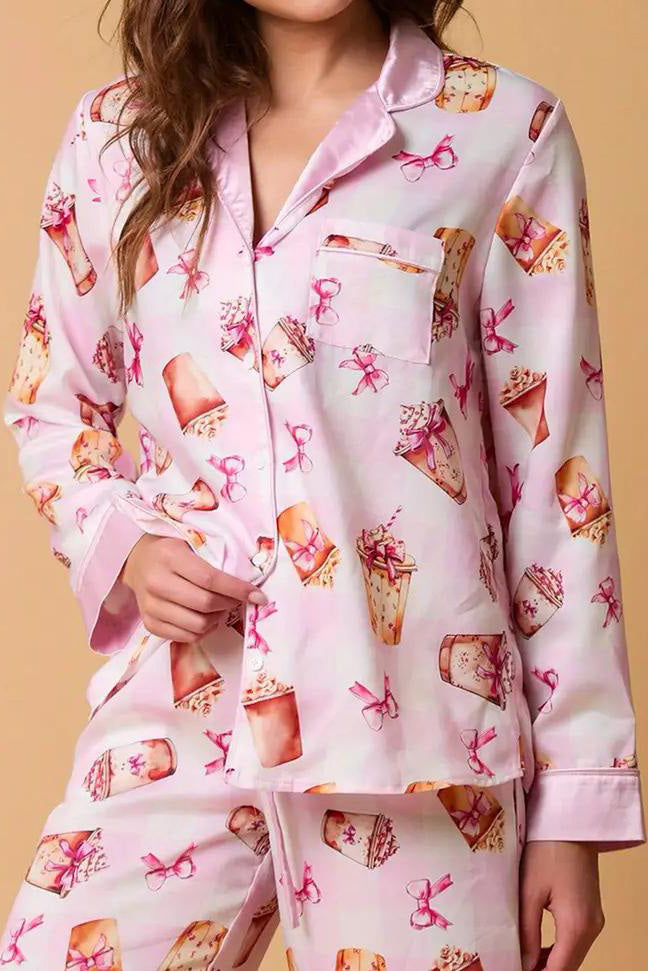 Coordinated Bowknot Milk Tea Print Pajama Set Long Sleeve Shirt
