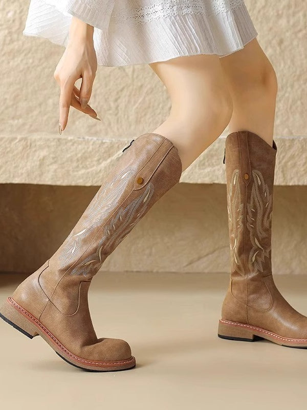 Modern Brown embroidered back zipper long boots