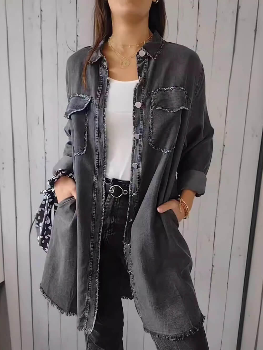 Denim Jacket in a Lightweight Design with Lapel Collar and Long Sleeves