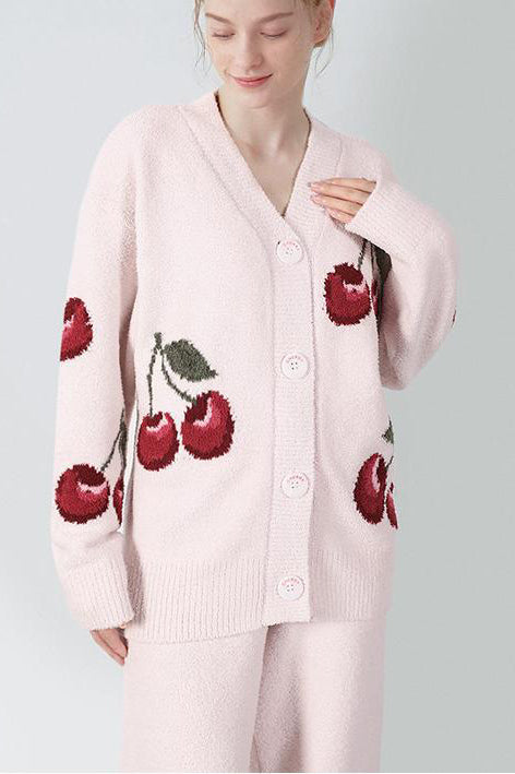 Soft Half Velvet Cherry Knit Cardigan Pajama Set