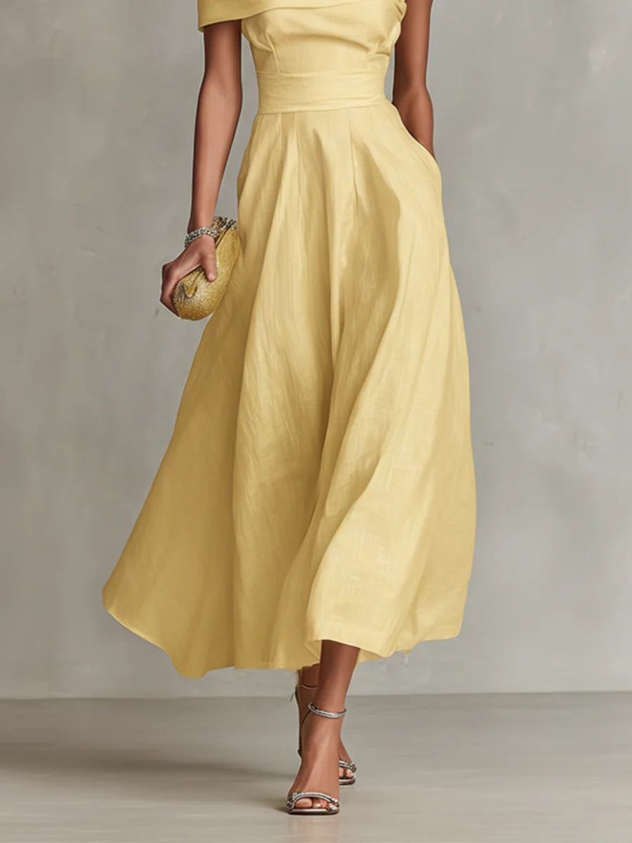 Yellow Linen One-Shoulder Maxi-Length Dress