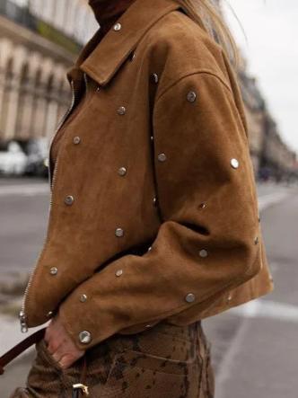 Suede Jacket with Studs, Lapel Collar and Long Sleeves