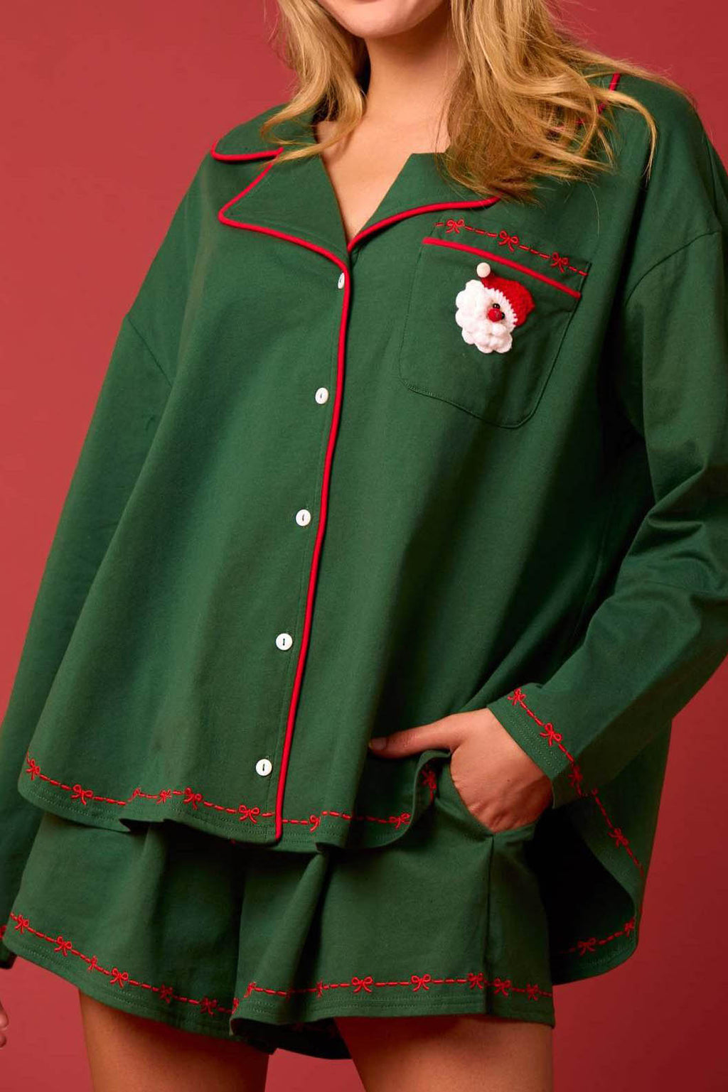 Coordinated Santa Claus Long Sleeve Shirt Shorts Pajama Set
