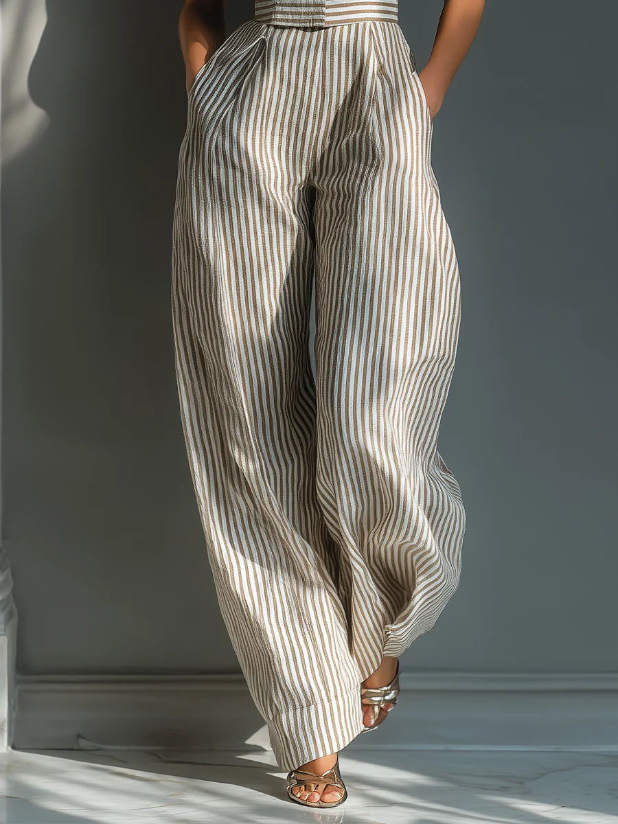 Modern Beige Stripe Linen-Blend Tie-Shoulder Wide-Leg Jumpsuit