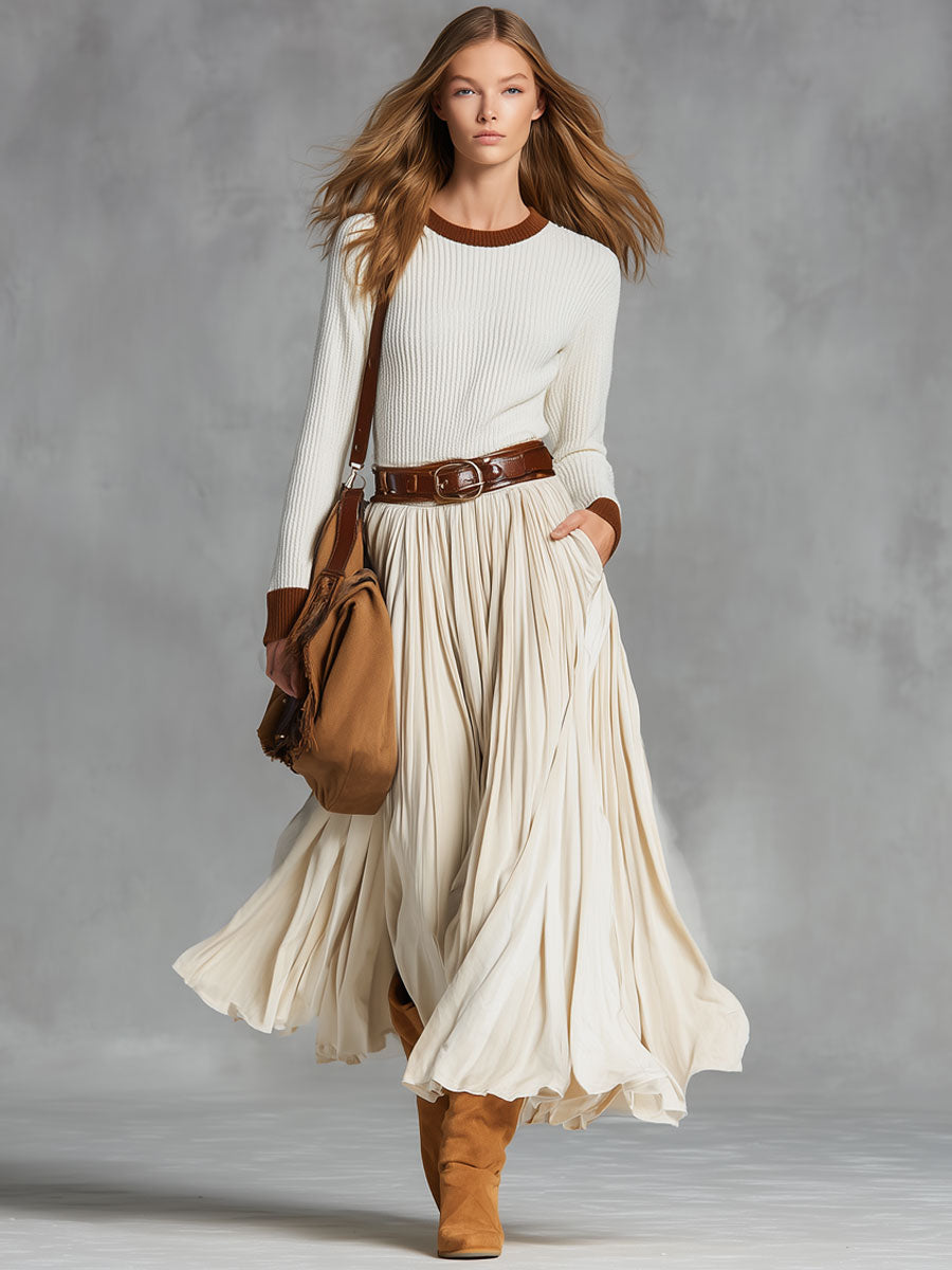 Modern Fashionable And Simple Beige Velvet Lace-up Pocket Skirt