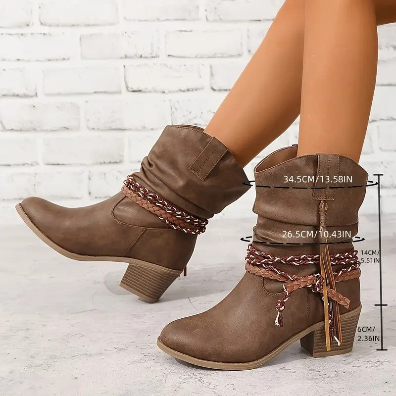 Retro Western Cowboy Tassel Ankle Boots