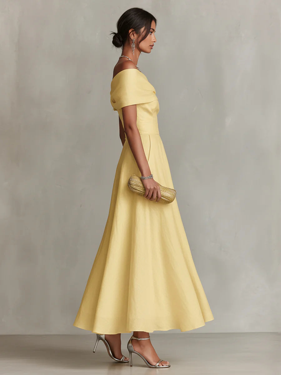 Yellow Linen One-Shoulder Maxi-Length Dress