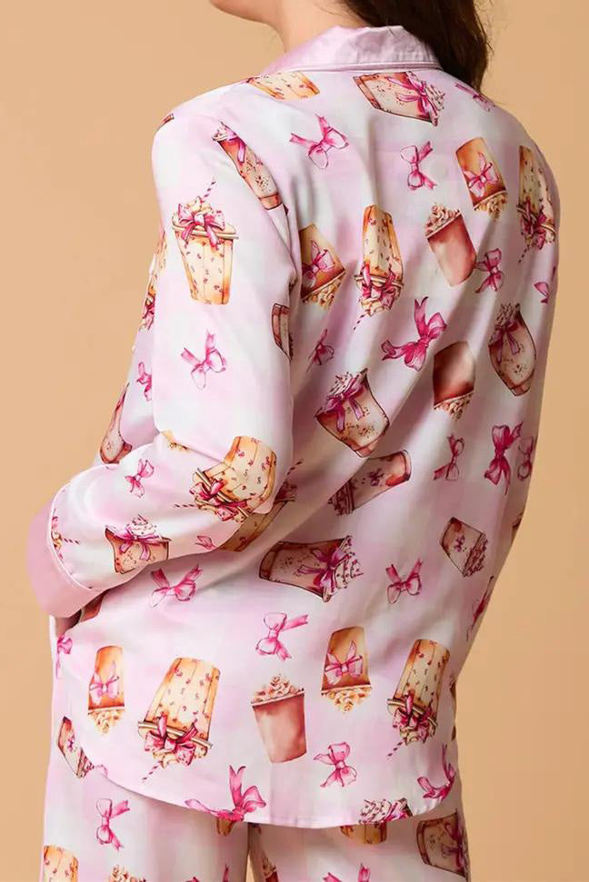 Coordinated Bowknot Milk Tea Print Pajama Set Long Sleeve Shirt