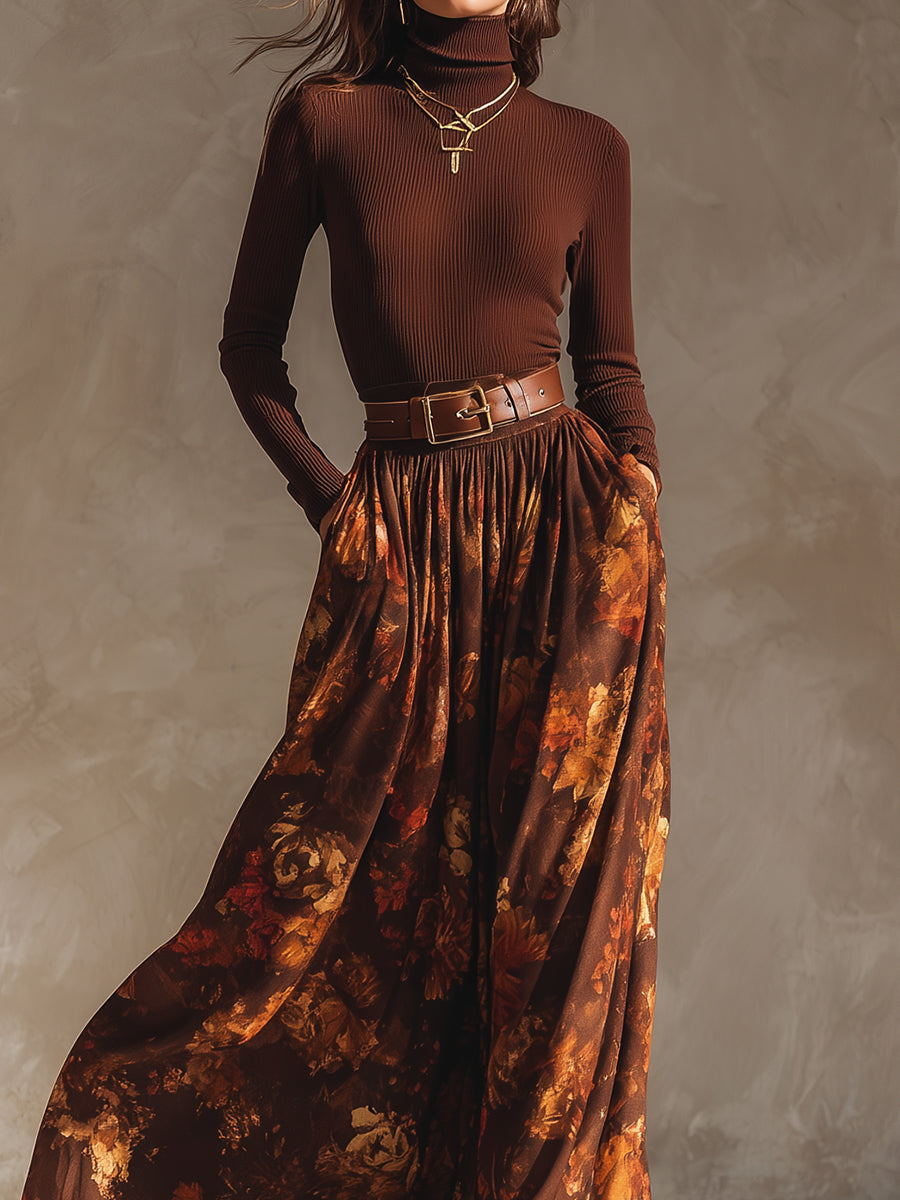 Retro Turtleneck Knitted Top & Patterned Long Skirt Set With Belt