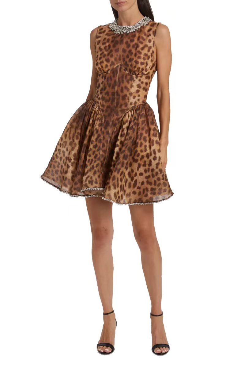 Leopard Print Crew Neck Crystal-Detail Dress