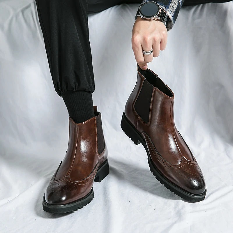 Leather Chelsea Boots with Brogue Detailing and Shock-Absorbing Sole