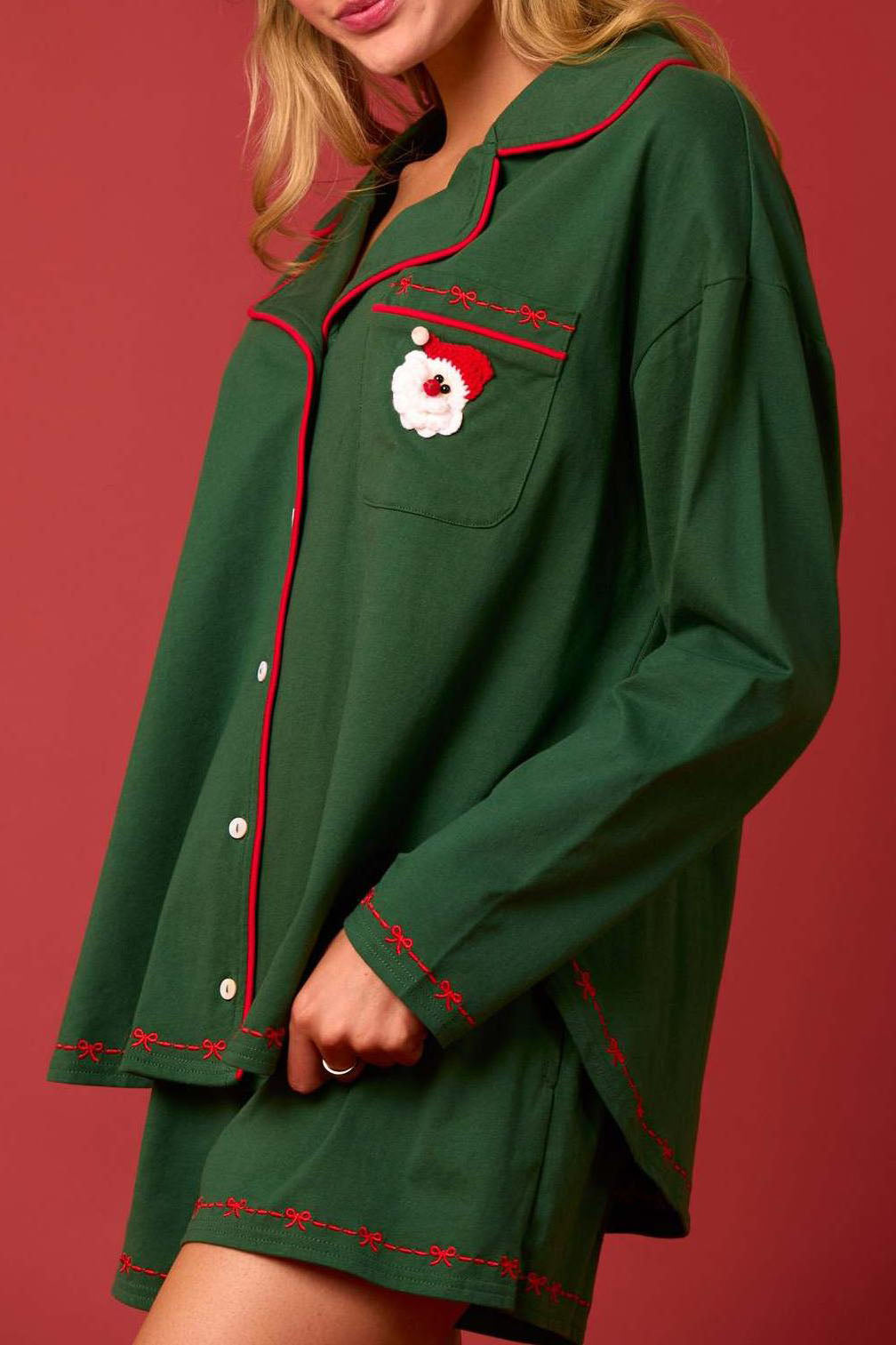 Coordinated Santa Claus Long Sleeve Shirt Shorts Pajama Set