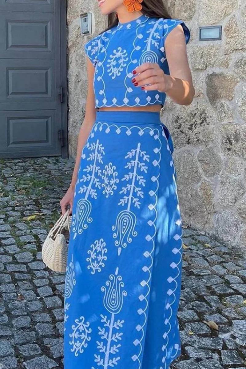 Coordinated Ethnic Print Crop Top & Tire-up Wrap Midi Skirts Set