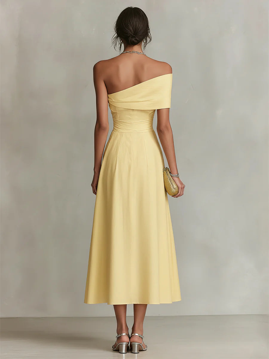 Yellow Linen One-Shoulder Maxi-Length Dress