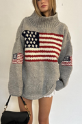 Retro Flag Pattern Oversized Mock Neck Knit Sweater