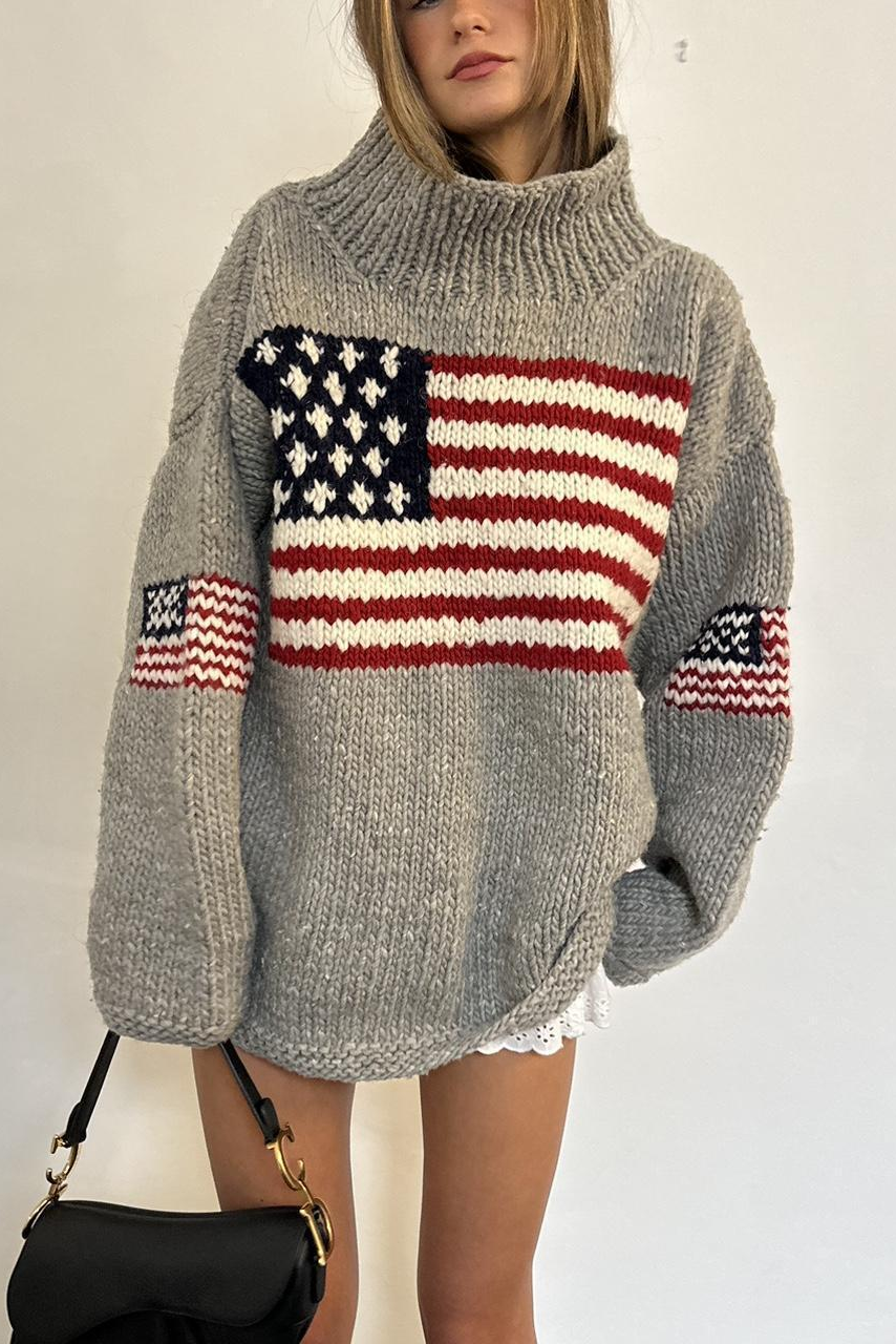 Retro Flag Pattern Oversized Mock Neck Knit Sweater