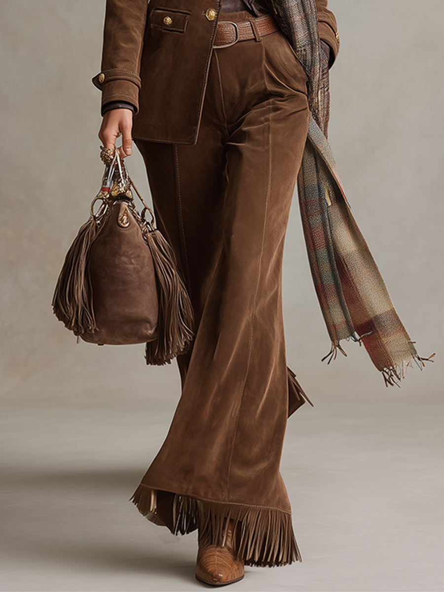 Retro Versatile Brown Faux Suede Tassel Flared Trousers