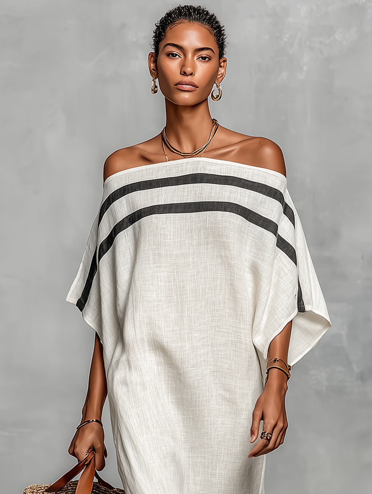 Clean-Lined Linen-Blend Off-Shoulder Batwing Maxi-Length Dress