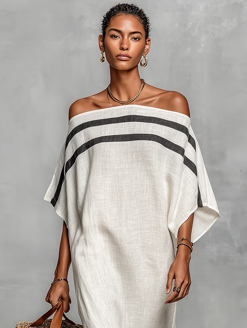 Clean-Lined Linen-Blend Off-Shoulder Batwing Maxi-Length Dress