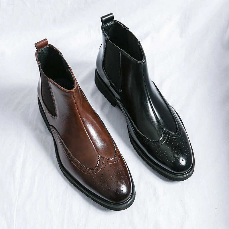 Leather Chelsea Boots with Brogue Detailing and Shock-Absorbing Sole