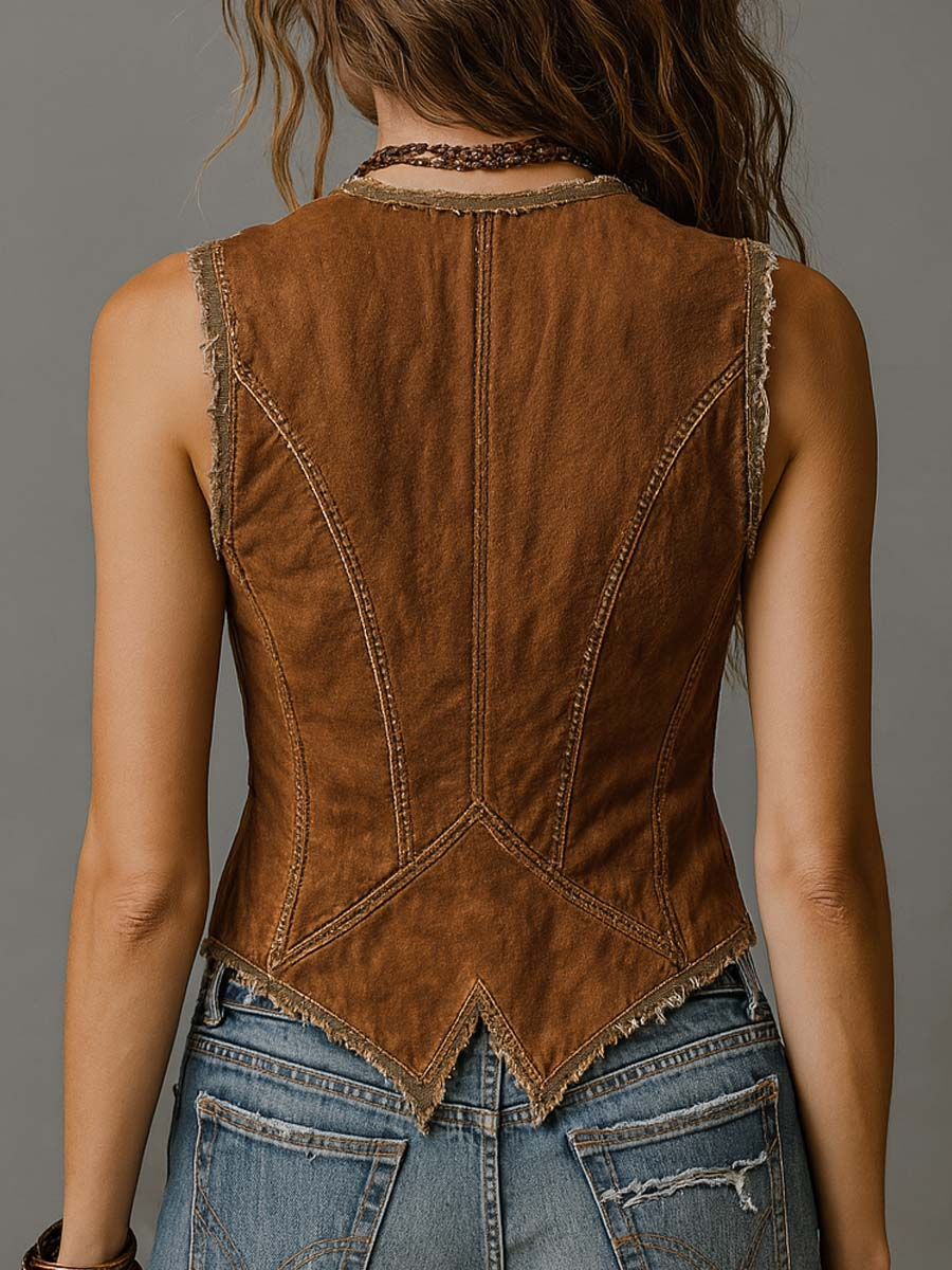 Modern Washed Caramel Denim With Brass Button Stitching Vest