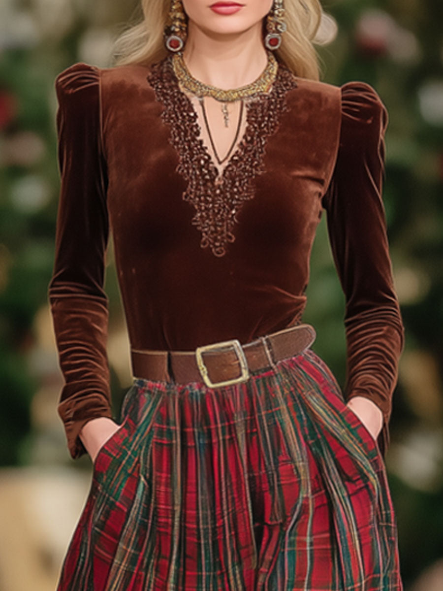 Coordinated V-Neck Lace Long-sleeved T-shirt And Red Plaid Skirt Set