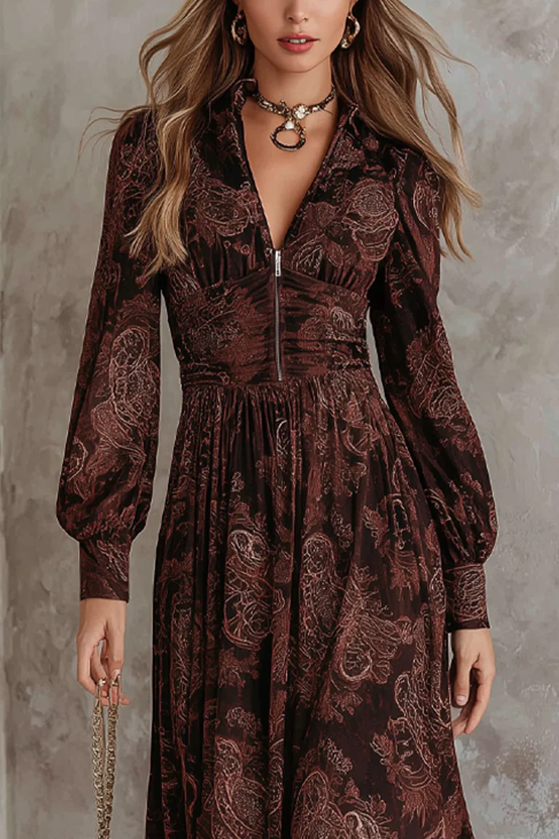 Brown Paisley Zippered Waist Maxi-Length Dress