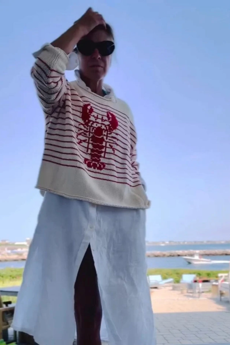Cream & Red Striped Lobster Graphic Knit Sweater