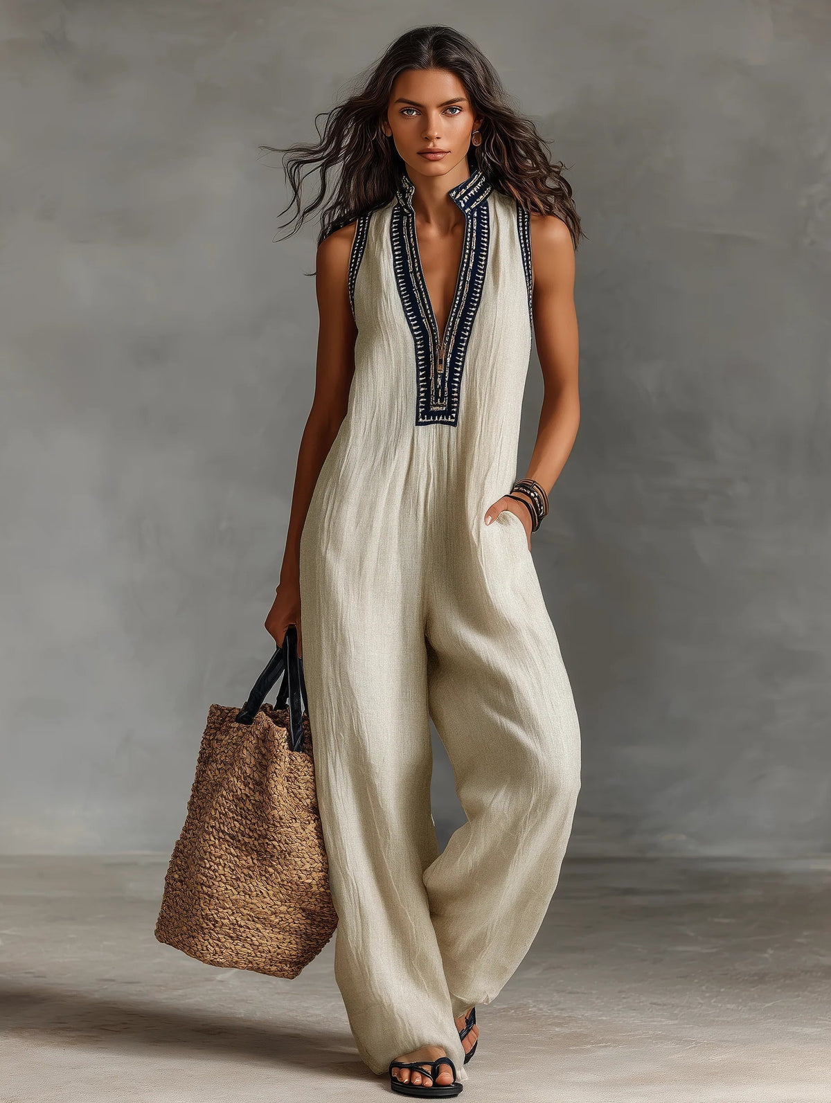 Modern Embroidered Linen Jumpsuit
