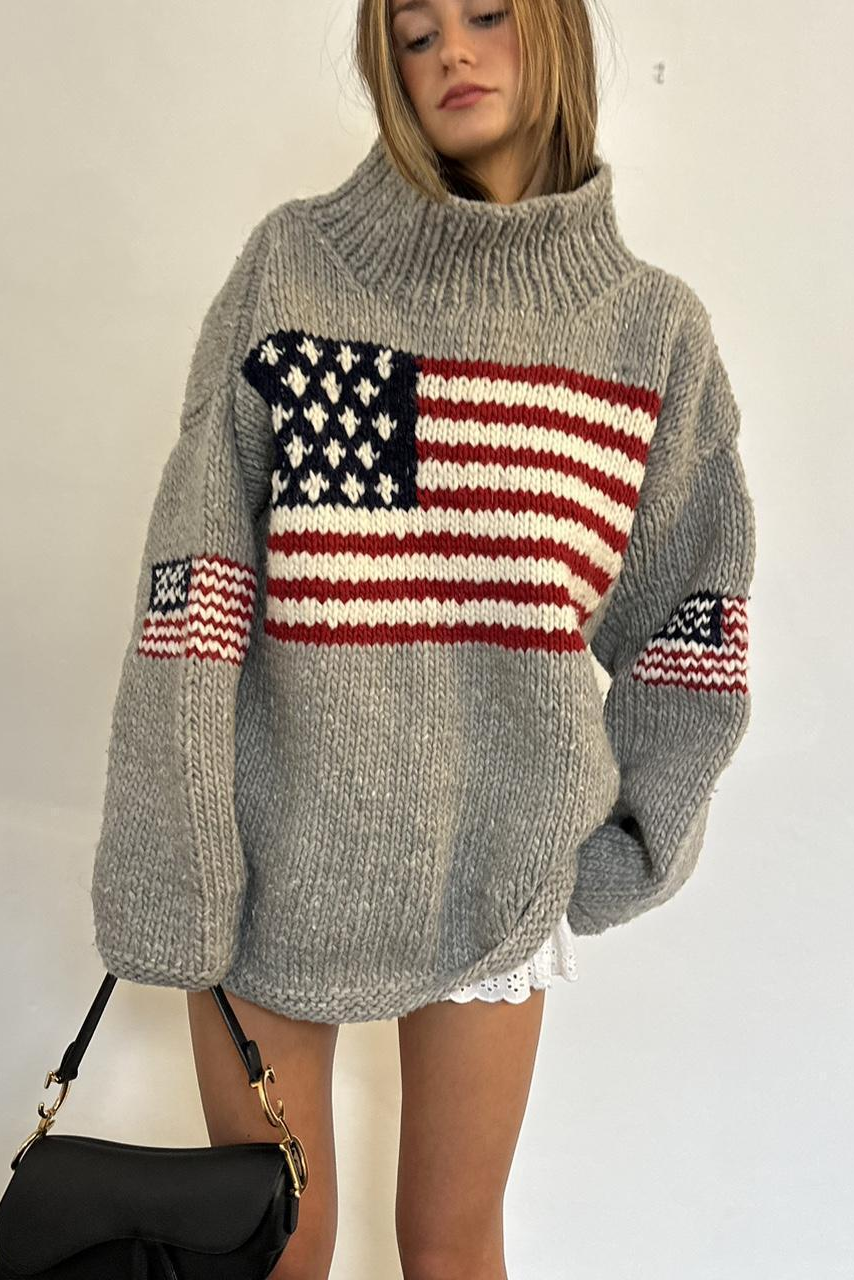 Retro Flag Pattern Oversized Mock Neck Knit Sweater
