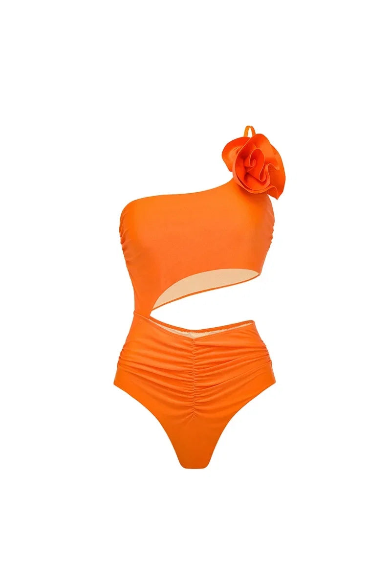 3D Flower Glossy Solid Swimwear Set