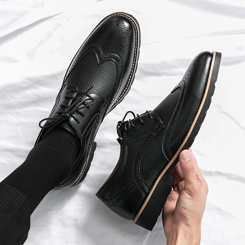 Cowhide Leather Brogue Shoes with Cushioned Insole