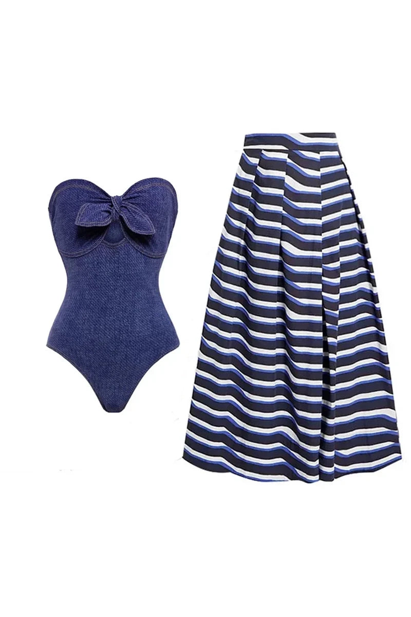 Denim Bandeau One Piece Swimwear Set