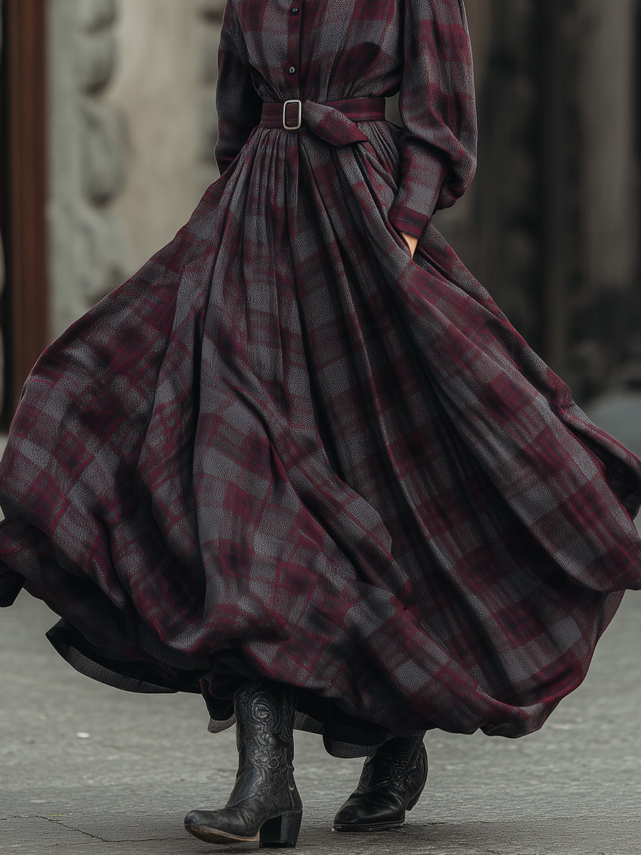 Retro Refined Plaid Patterned Lantern Sleeve Shirt Maxi-Length Dress With Belt