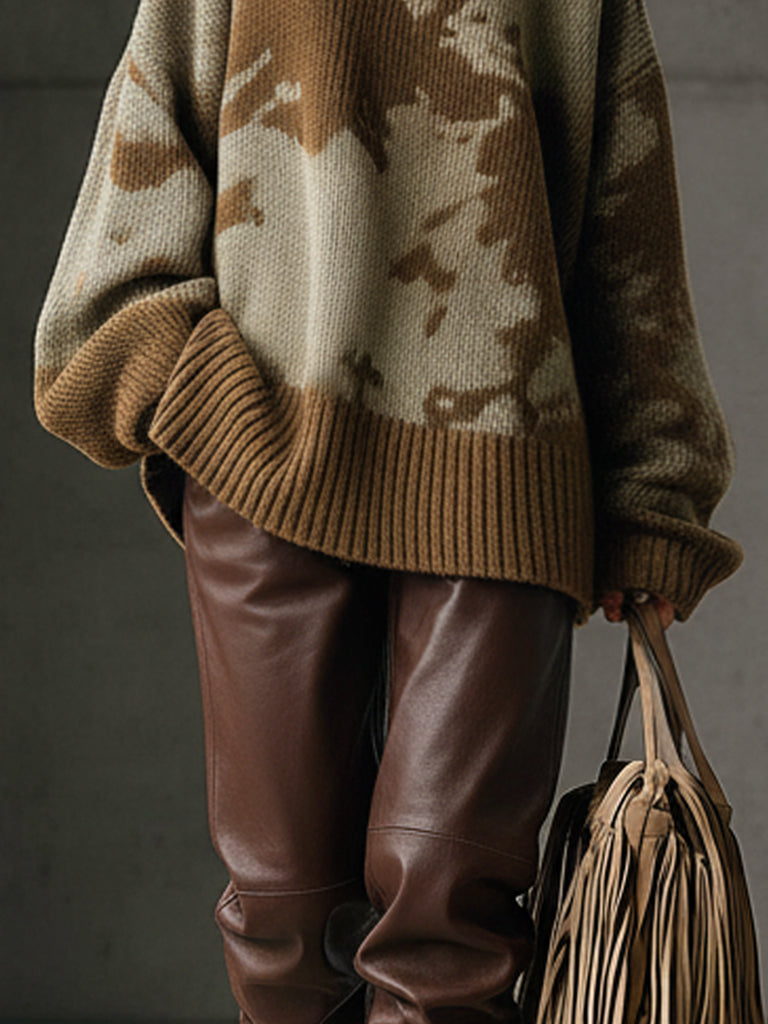 Green Camouflage Loose Turtleneck Long Sleeve Knit Sweater