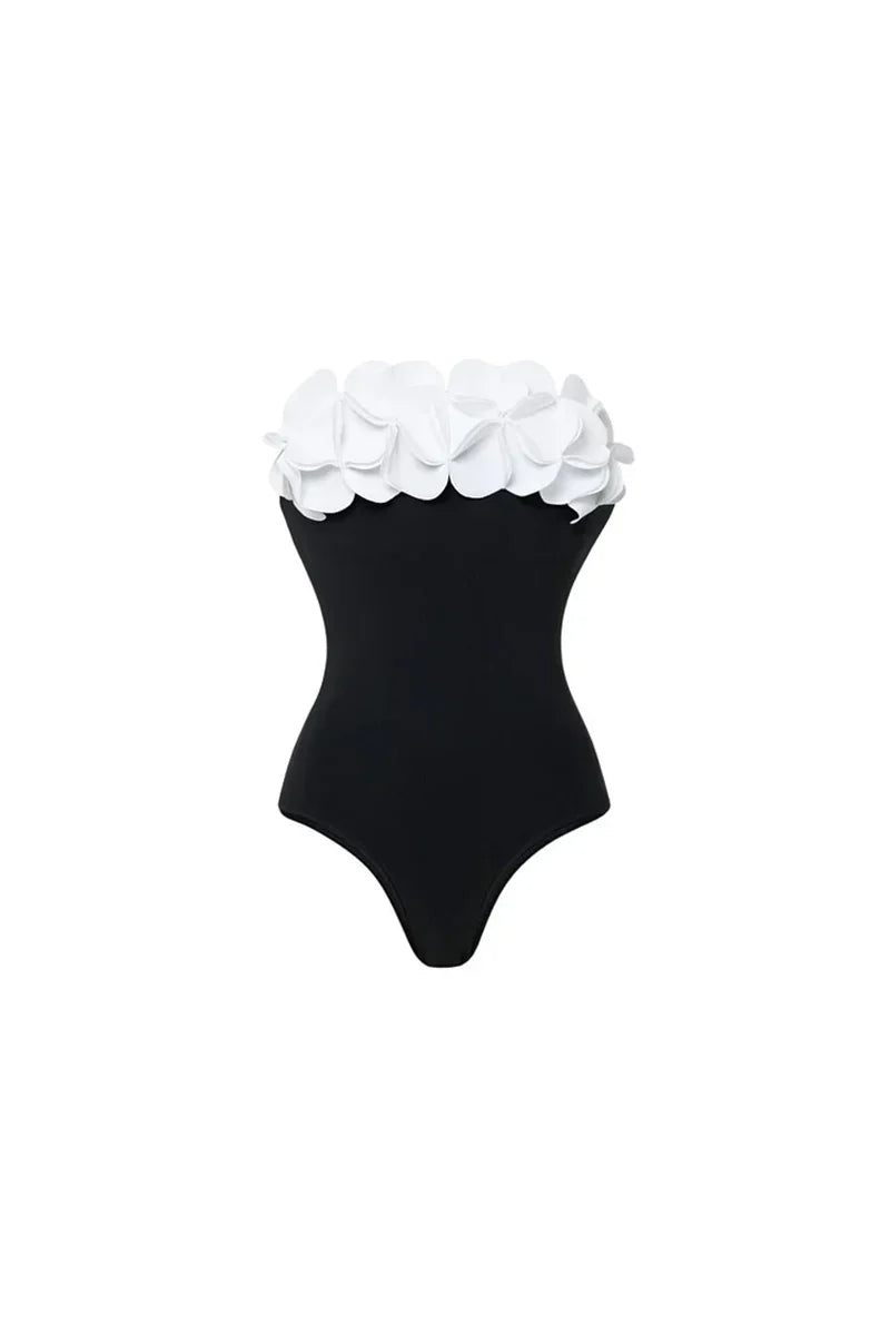3D Flower Strapless Black Swimsuit