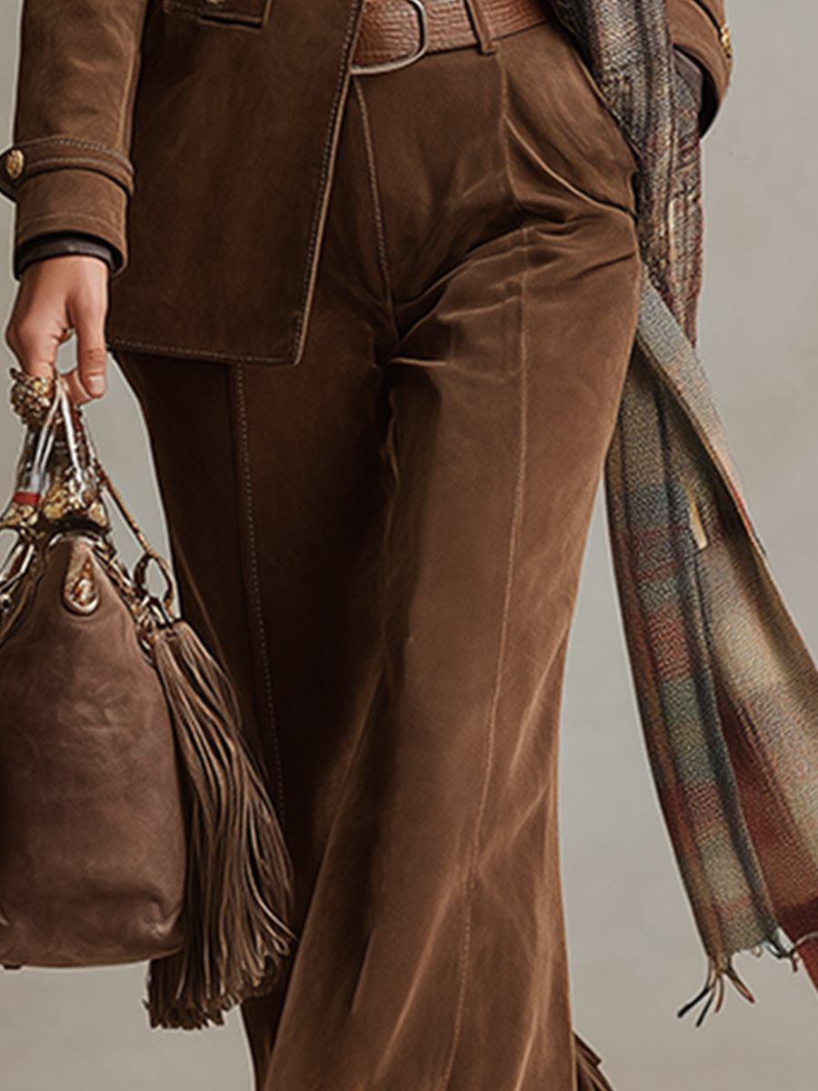 Retro Versatile Brown Faux Suede Tassel Flared Trousers
