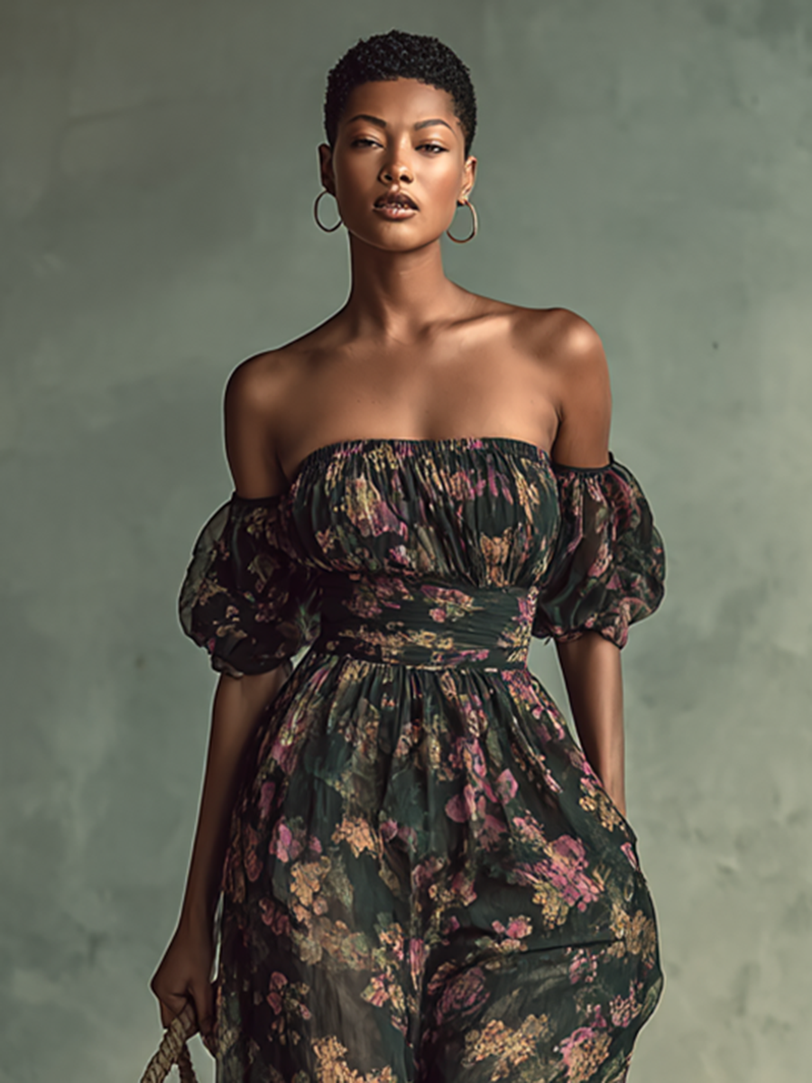 Women's Chiffon Flower Print Bandeau Short Sleeve Waist Jumpsuit