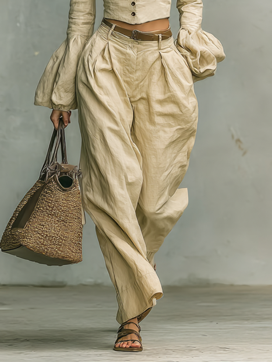 Coordinated Women's Retro Linen-like Fabric Stand-up Collar Single-breasted Shirt Trousers Two-Piece Set