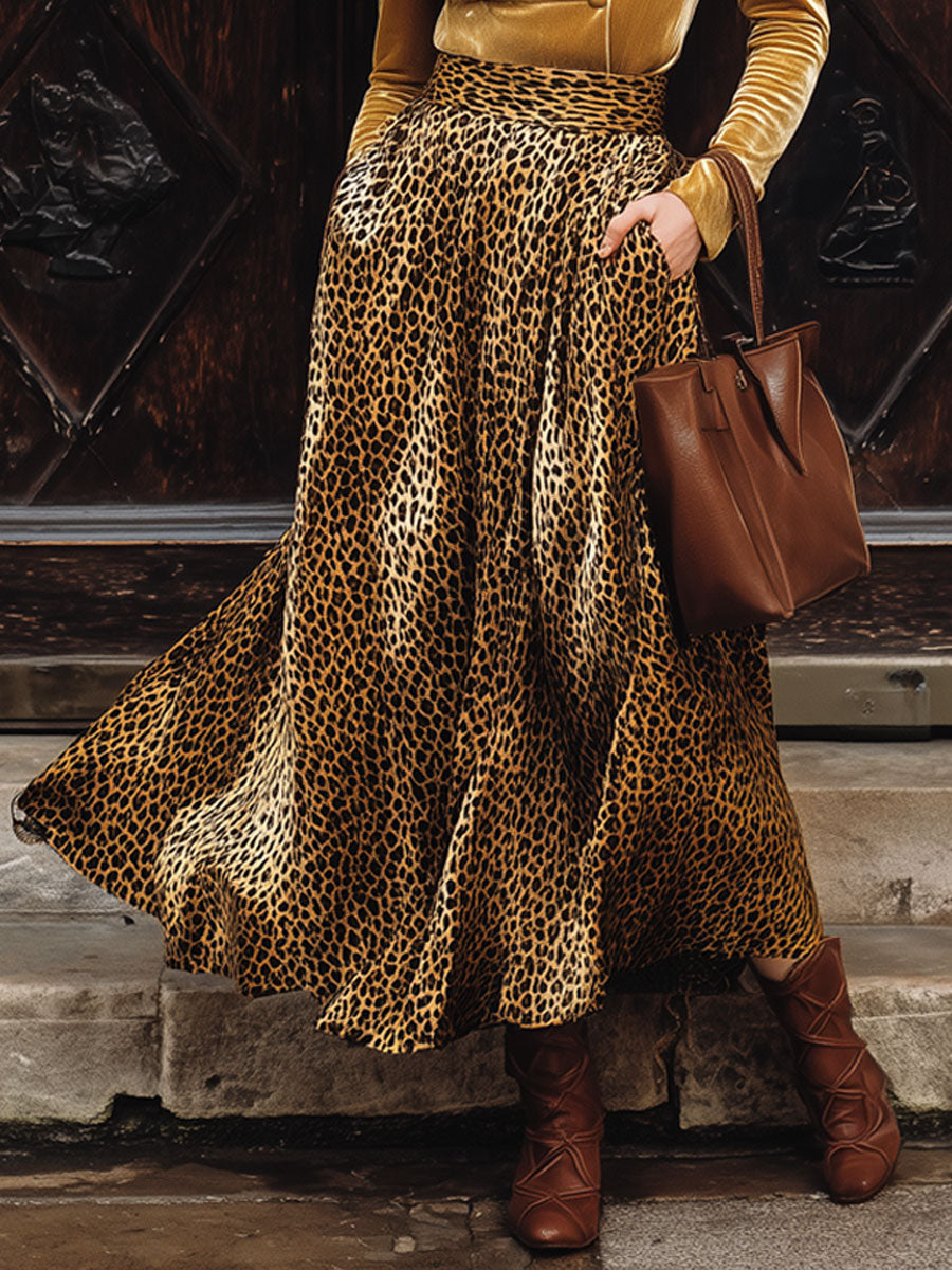 Retro Gold Velvet V-Neck Long-Sleeved Shirt Leopard Print Pocket Skirt Set
