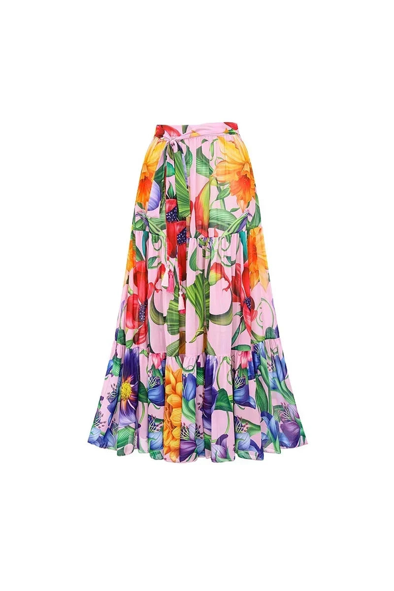 Deep V Lantern Sleeve Patterned Swimwear Set