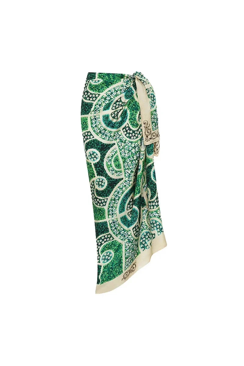 Green Ethnic Print One Piece Swimwear Set