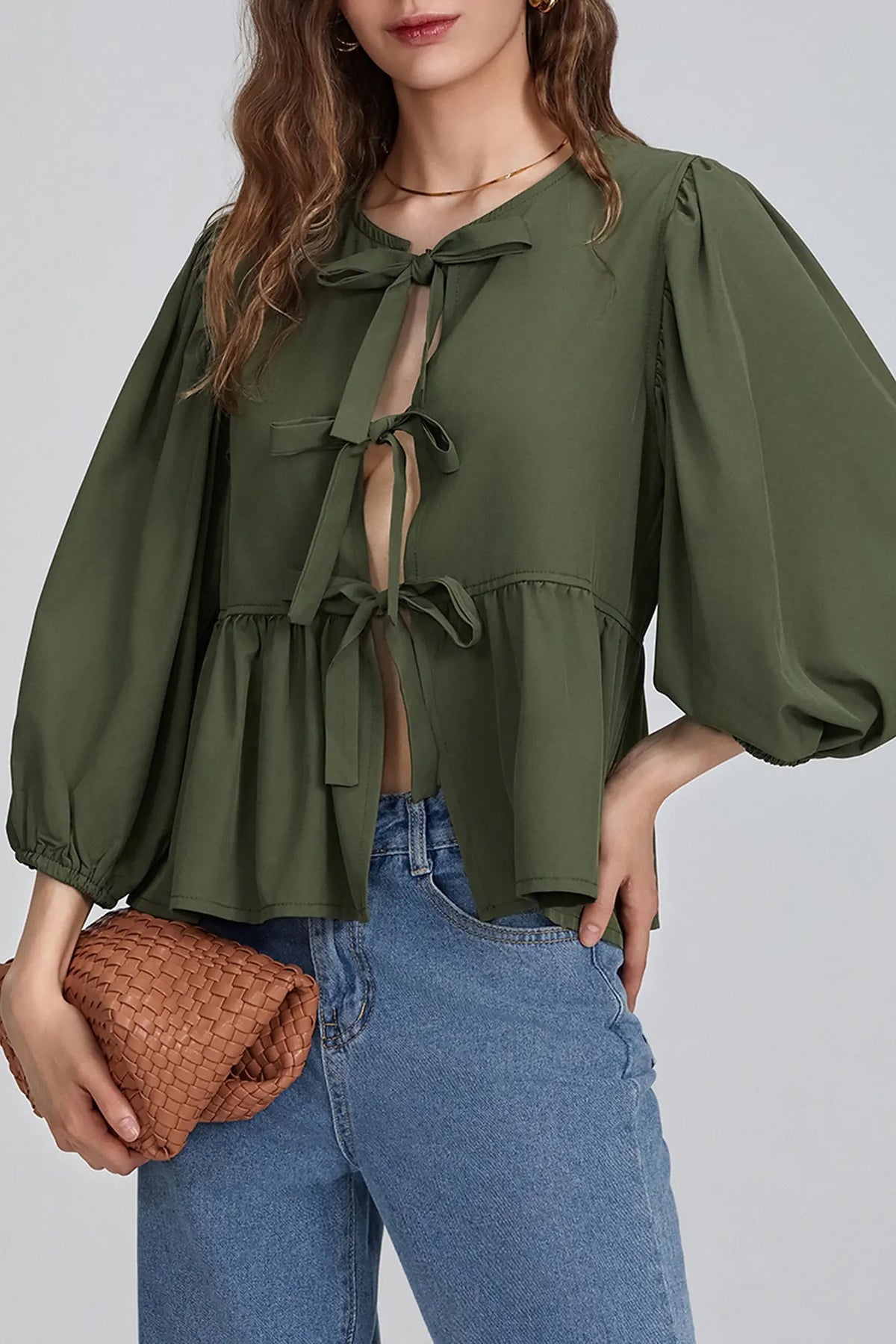 Modern Puff Sleeve Peplum Bow Ties Blouse Top