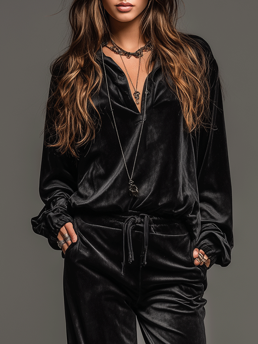Timeless Relaxed Black Velvet Shirt And Wide-Leg Trousers Set